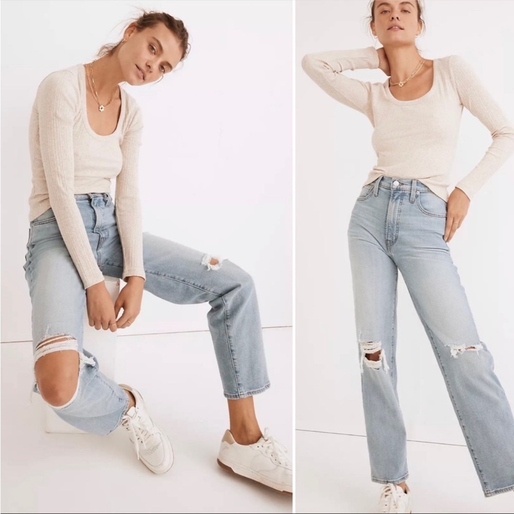 Madewell The Perfect Vintage Straight Jean in Danby Wash: Knee-Rip Edition